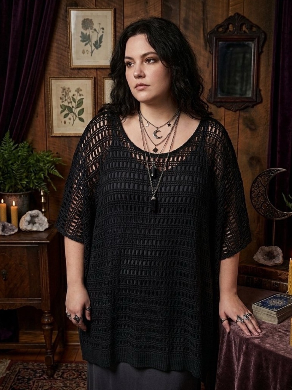 Cato Black Crochet Open Knit Poncho Top 2X Boho Lagenlook Whimsical Goth Witchy